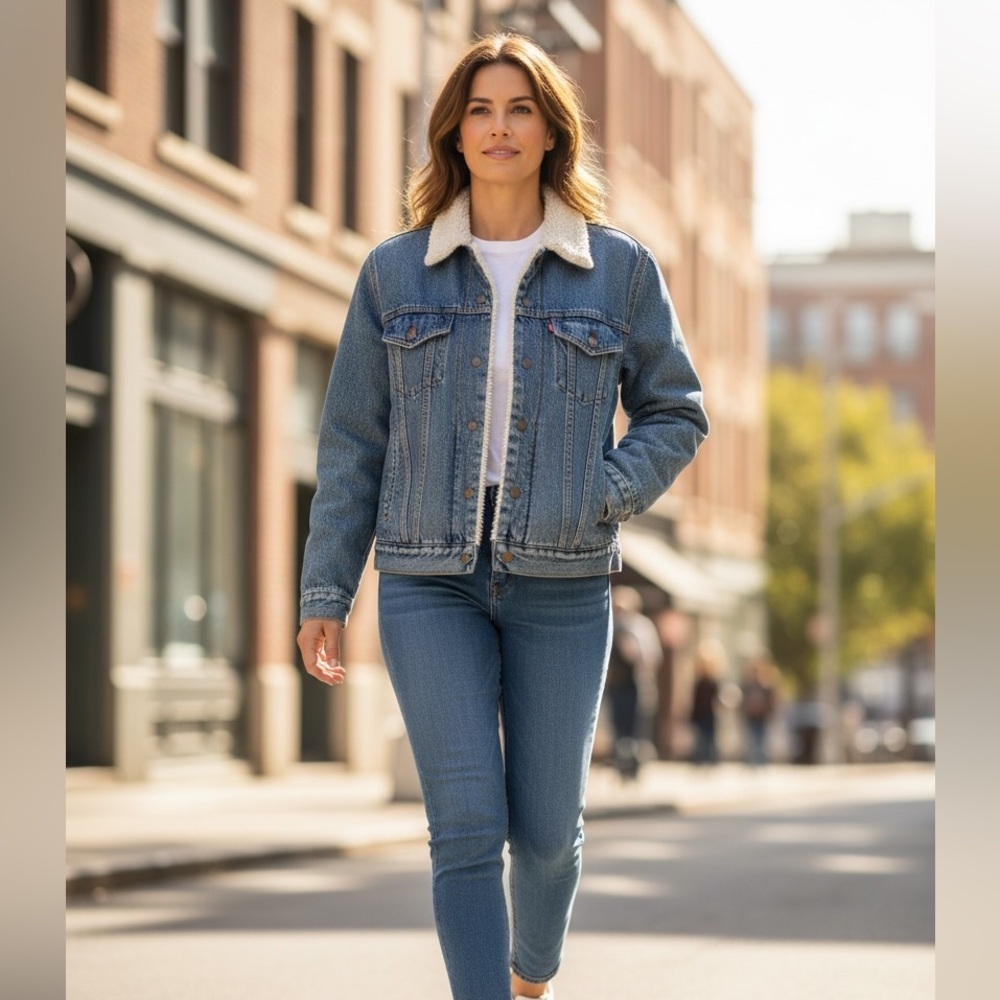 Levi's Classic Blue Denim Jacket with Cream Sherpa Collar